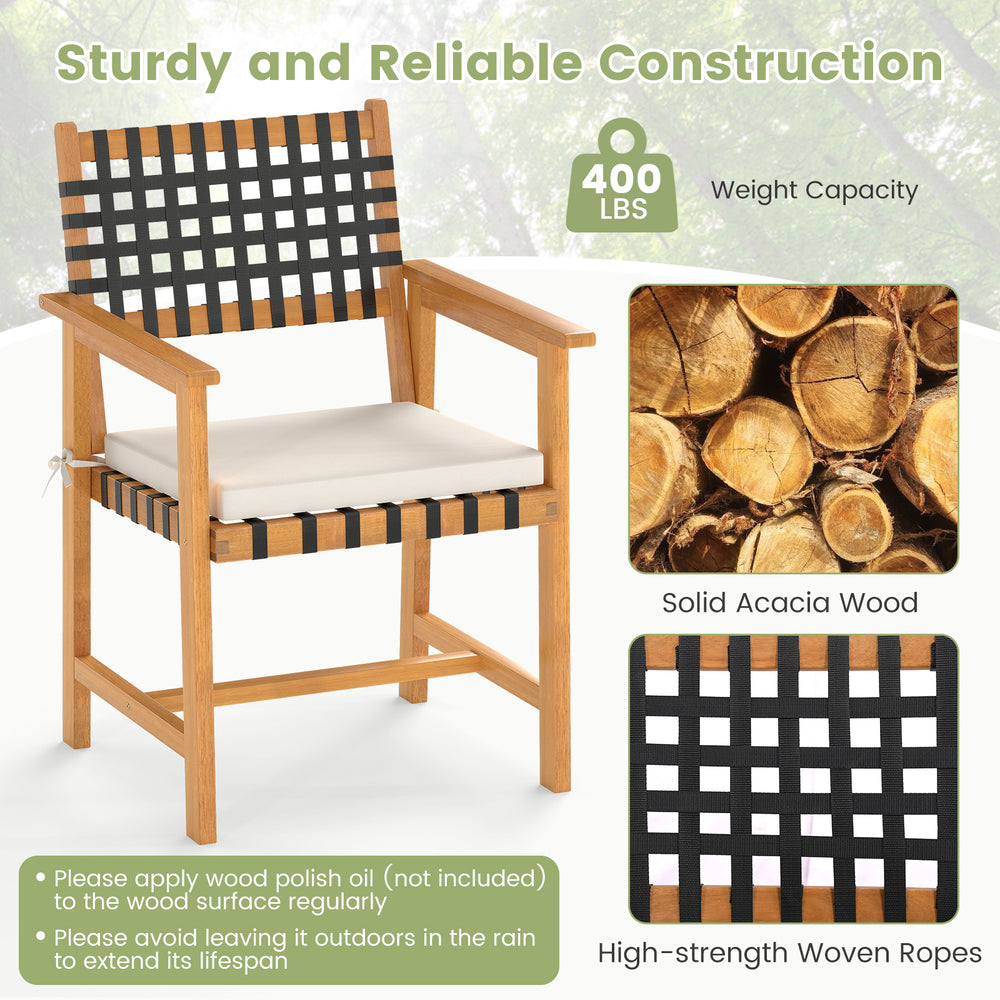 Outdoor wooden dining chair with armrests, crafted from acacia wood, featuring a woven rope seat for comfort and.