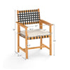 Outdoor wooden dining chair with armrests, curved back, and woven rope seat, ideal for patios and gardens.