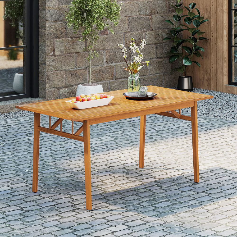 Outdoor wooden dining table made from acacia wood, featuring a slatted design and umbrella hole, perfect for patios.