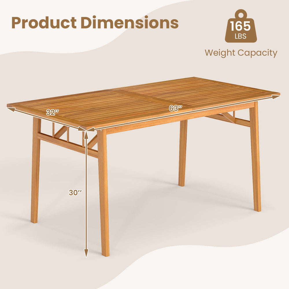 Outdoor wooden dining table with slatted top, crafted from acacia wood, ideal for 4-6 guests, features umbrella hole.