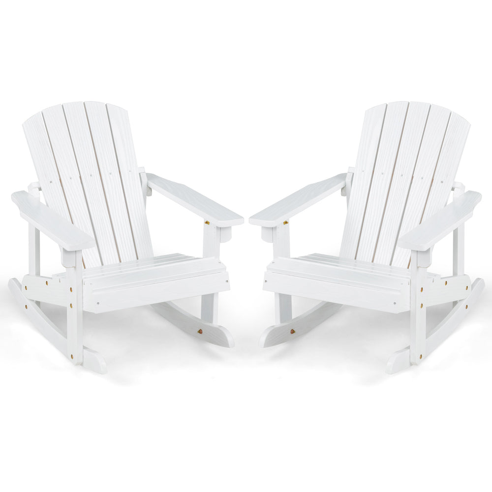 Two white outdoor wooden kid Adirondack rocking chairs with slatted seats, perfect for relaxing in outdoor spaces.