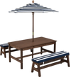 Outdoor wooden kids picnic table set with removable blue umbrella and cushions, perfect for dining and playtime.