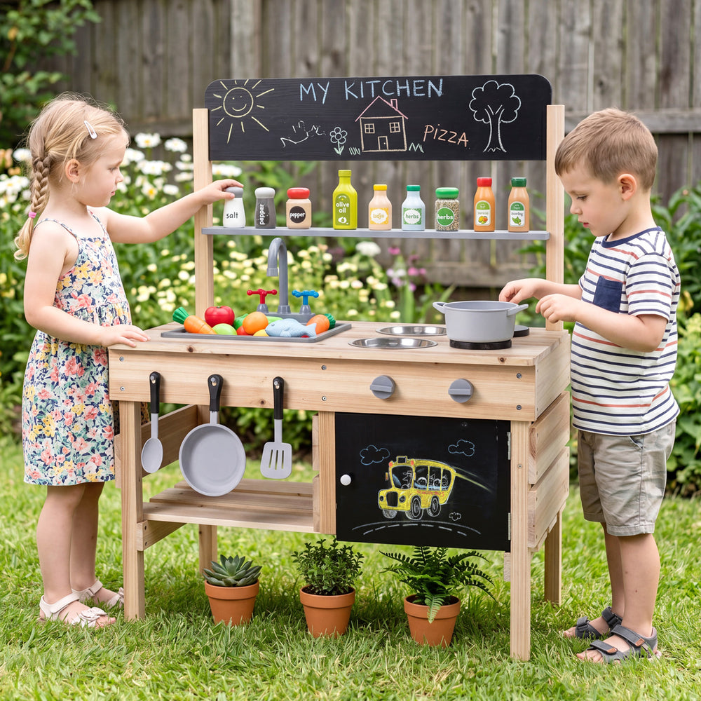 Wooden outdoor mud kitchen for kids featuring stoves, sinks, storage, and blackboards for imaginative play and.