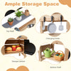 Wooden outdoor mud kitchen for kids featuring ample storage, hanging hooks, and two writable blackboards for creative.
