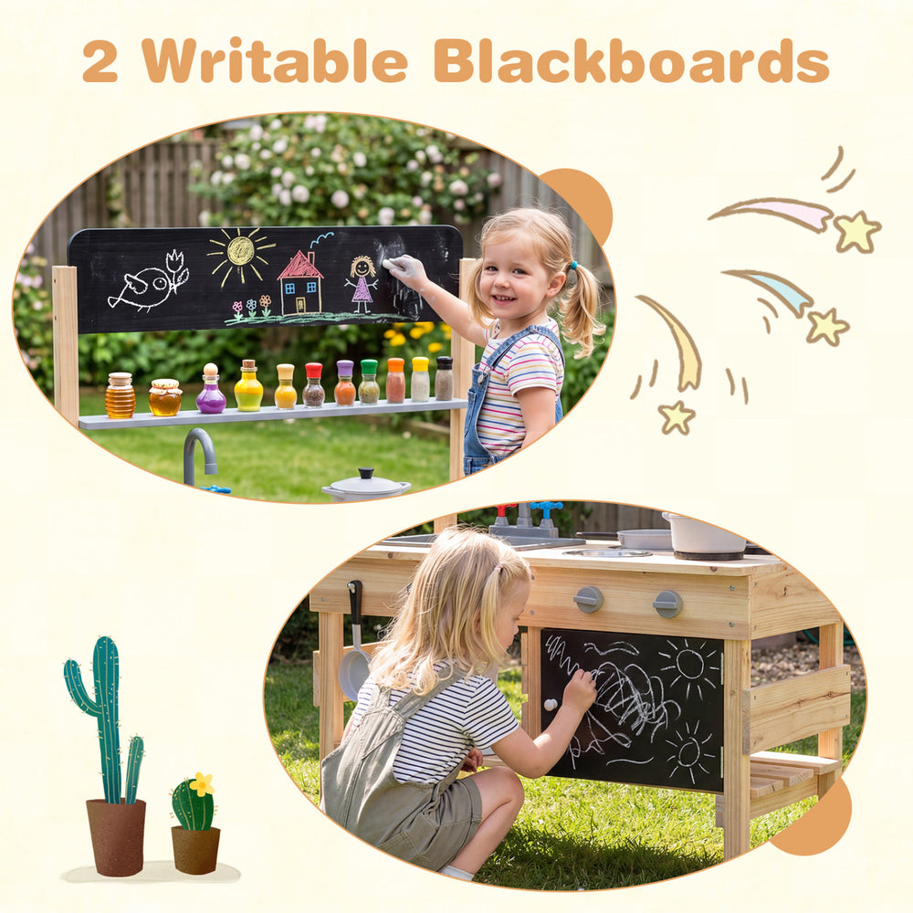 Outdoor mud kitchen for kids featuring 2 writable blackboards, wooden construction, and cooking accessories for.
