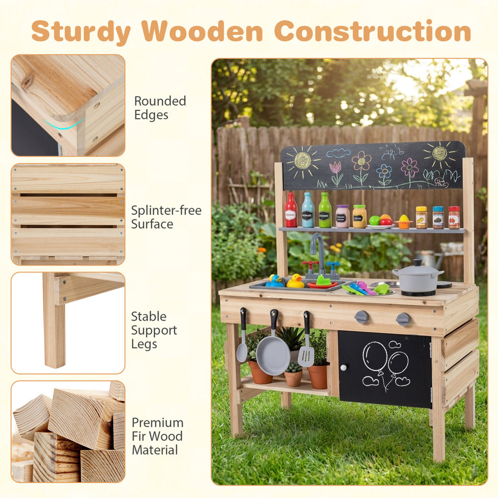 Outdoor mud kitchen for kids featuring wooden construction, blackboards, and ample storage for imaginative play.