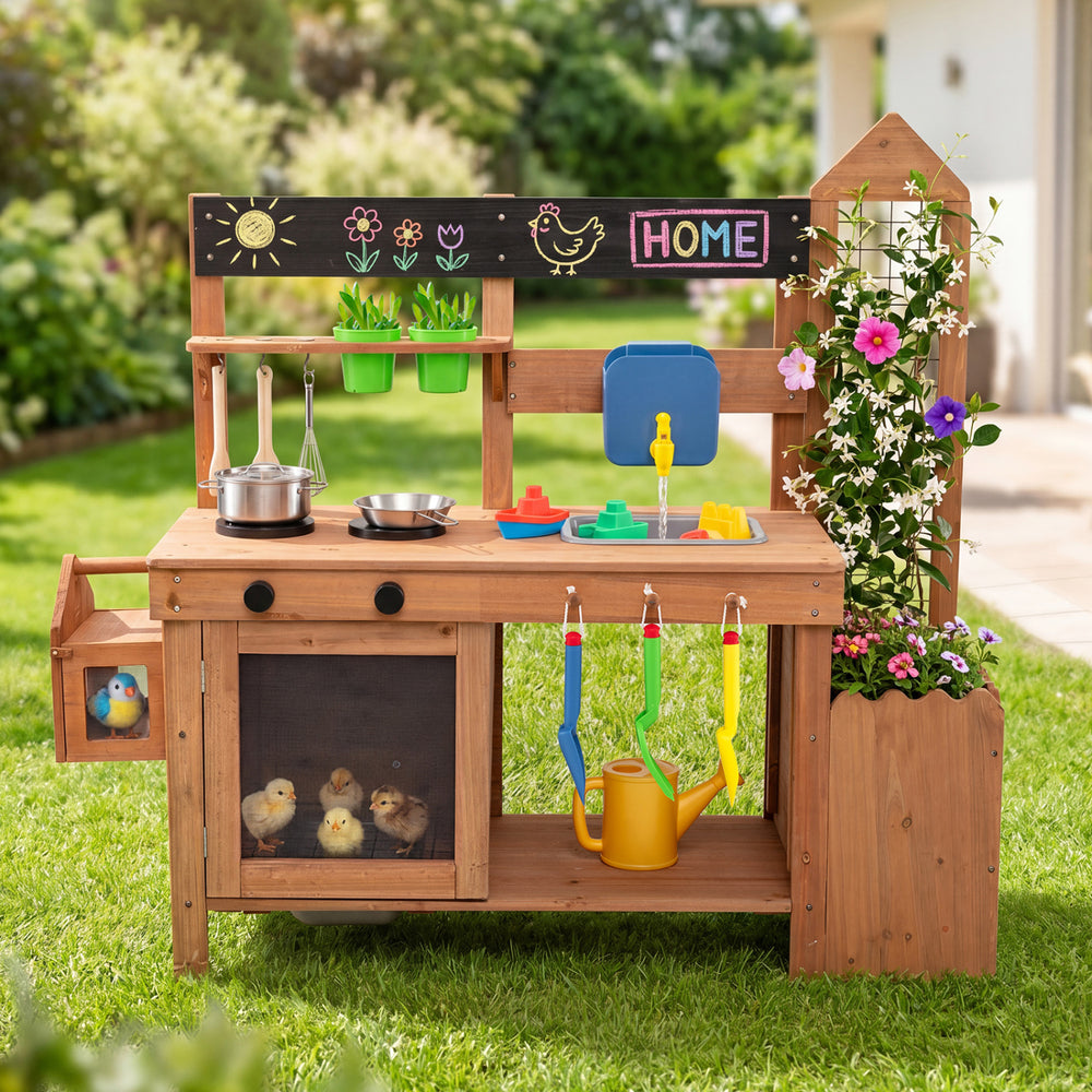 Outdoor wooden mud kitchen with planter box and sink for toddlers, featuring storage, hooks, and a blackboard for creative play.