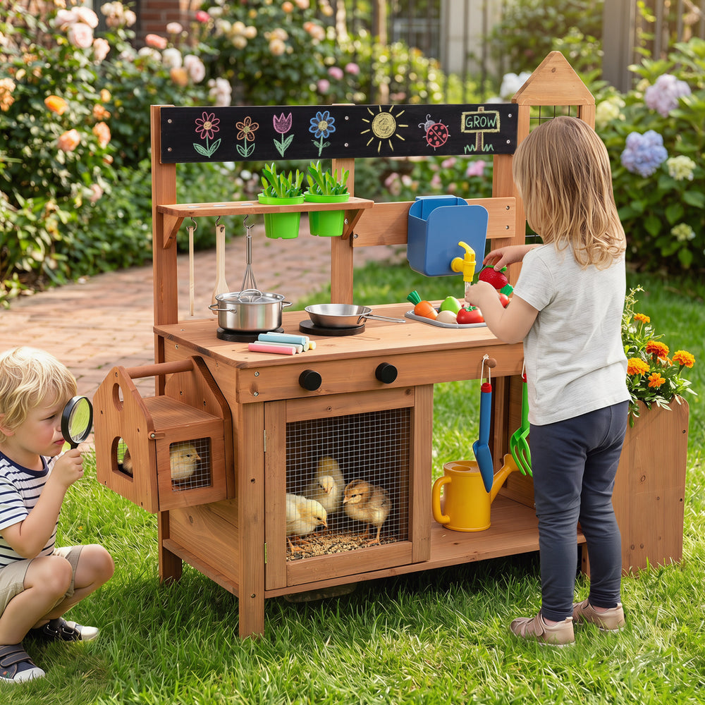 Outdoor wooden mud kitchen with planter box and sink for toddlers, featuring storage, hooks, and a removable birdcage.