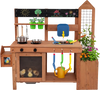 Outdoor wooden mud kitchen with planter box, sink, and storage for toddlers, promoting imaginative cooking and gardening play.