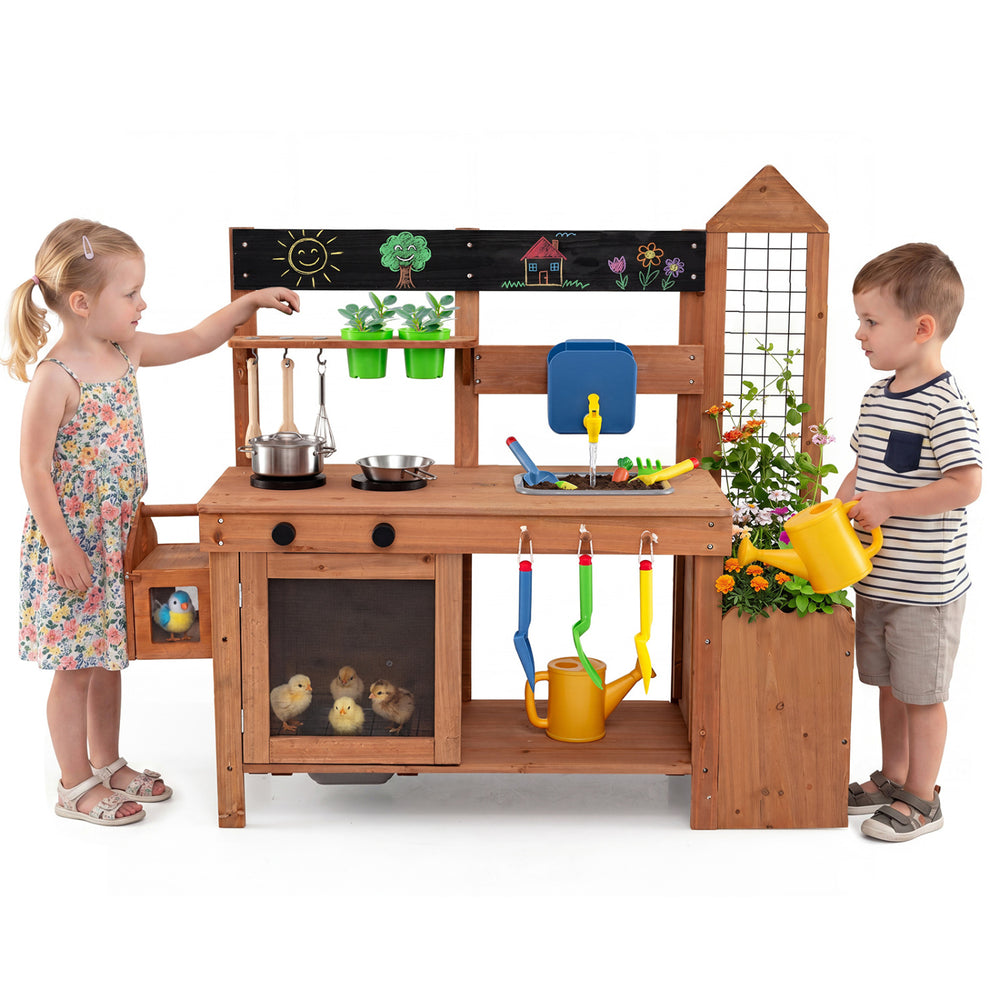 Outdoor wooden mud kitchen with planter box and sink for toddlers, featuring storage shelves and a blackboard for creative play.