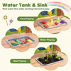 Outdoor wooden mud kitchen with sink for toddlers, featuring water, sand, and mud play areas for interactive fun.