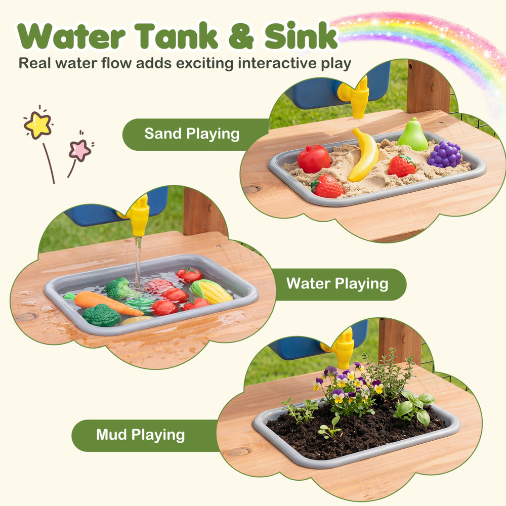 Outdoor wooden mud kitchen with sink for toddlers, featuring water, sand, and mud play areas for interactive fun.
