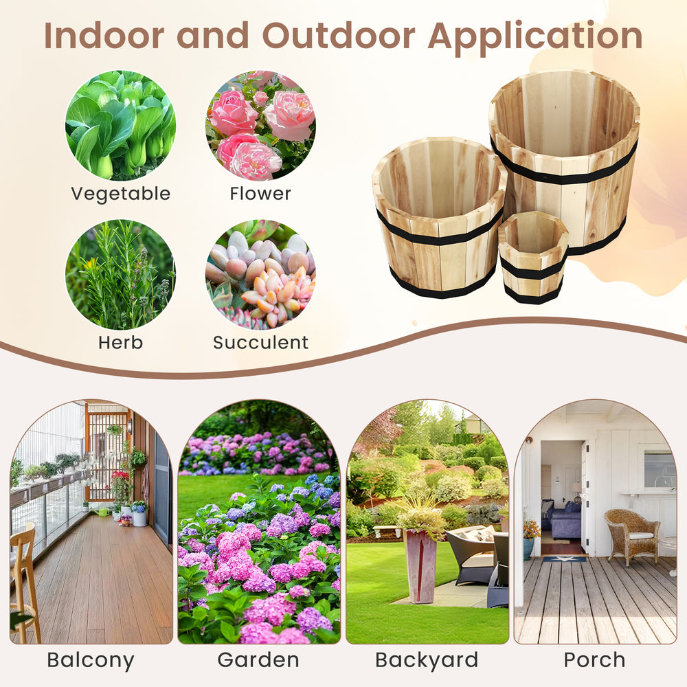 Single outdoor wooden planter box in half whiskey barrel shape, made of acacia wood, perfect for indoor and outdoor use.