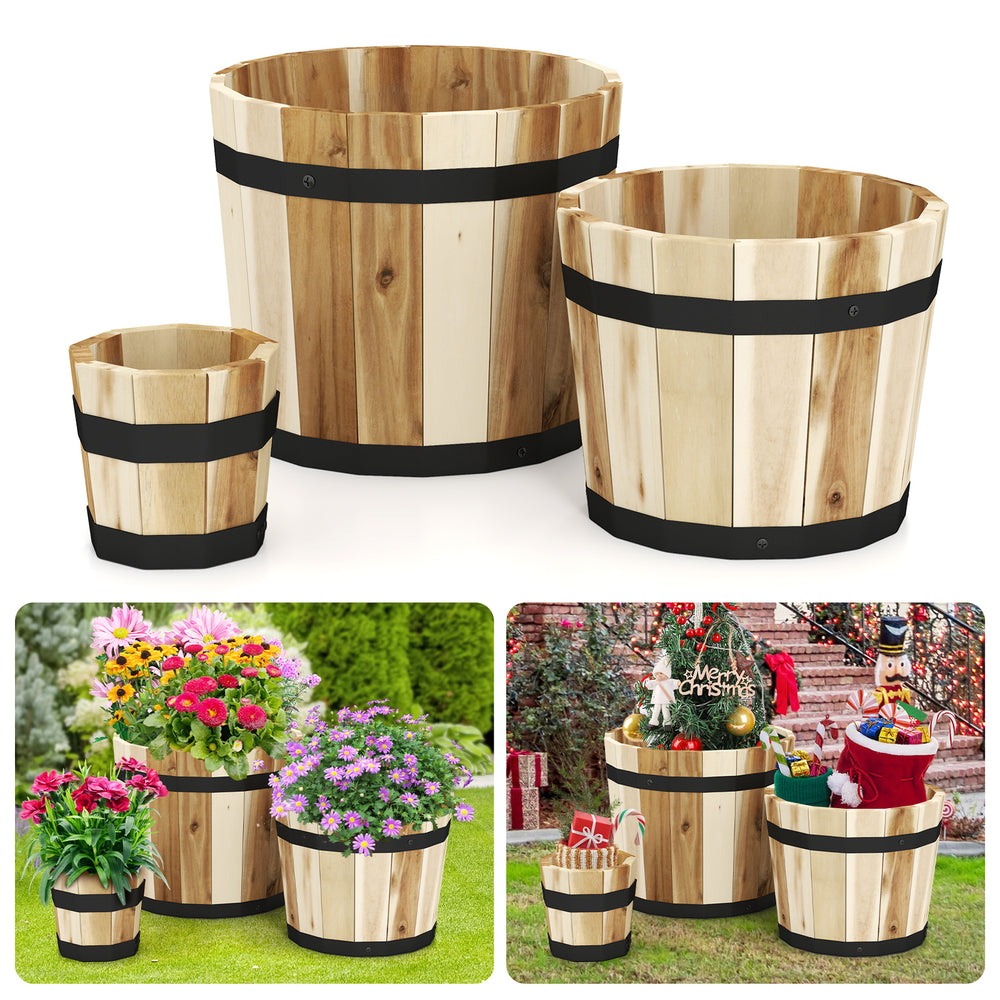 Close-up of the outdoor wooden planter box with smooth acacia wood finish and reinforced metal bands, ideal for garden.