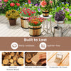 Set of 3 outdoor wooden planter boxes in half whiskey barrel shape, crafted from acacia wood with drainage holes.