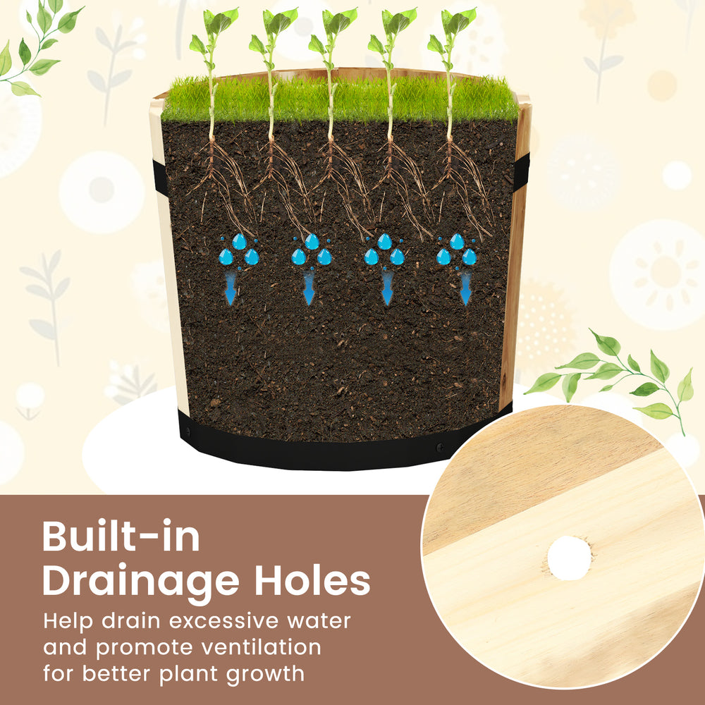 Outdoor wooden planter box set of 3 with drainage holes, crafted from acacia wood for healthy plant growth.