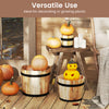 Set of 3 outdoor wooden planter boxes in half whiskey barrel shape, crafted from acacia wood, ideal for growing plants.