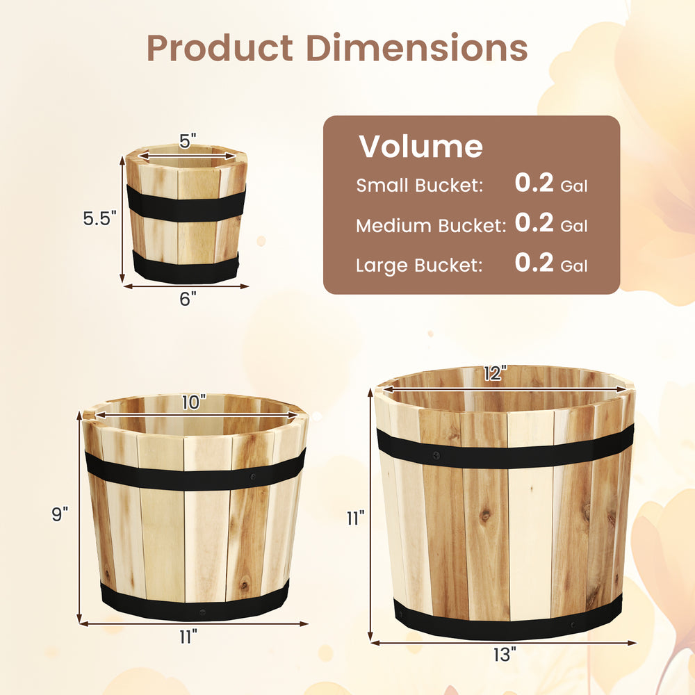 Dimensions of outdoor wooden planter boxes with drainage holes, crafted from acacia wood, suitable for various plant.