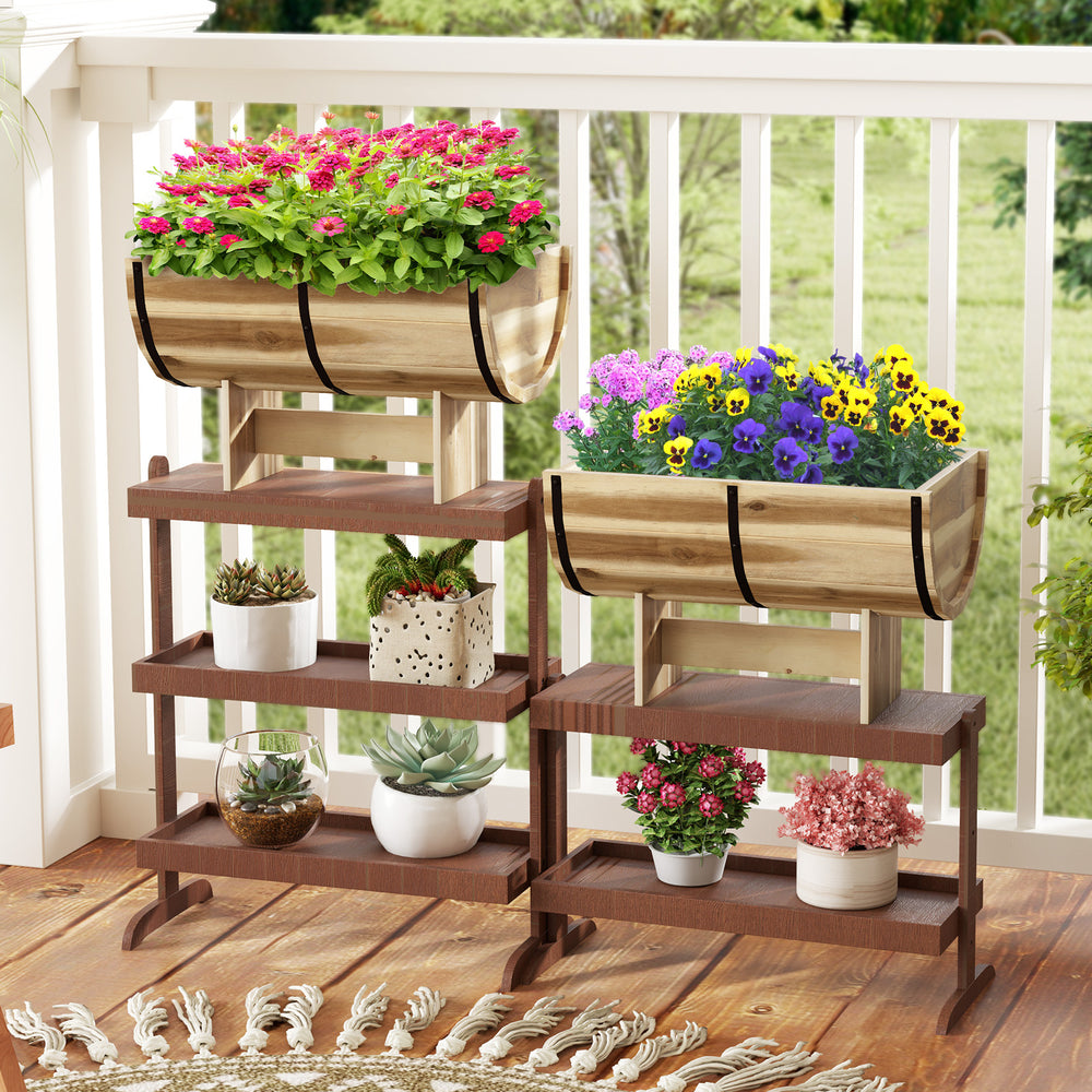 Outdoor wooden planter with legs, crafted from acacia wood, featuring a half whiskey barrel shape for flowers and herbs.