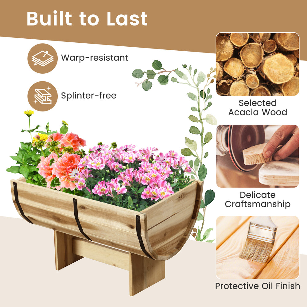 Outdoor wooden planter with legs, crafted from acacia wood, featuring a half whiskey barrel shape for elegant plant.