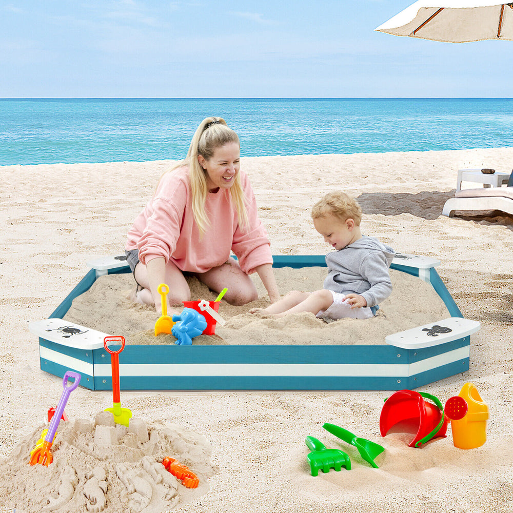 Outdoor solid wood sandbox with built-in animal pattern seats, perfect for kids aged 3+, for fun beach play.