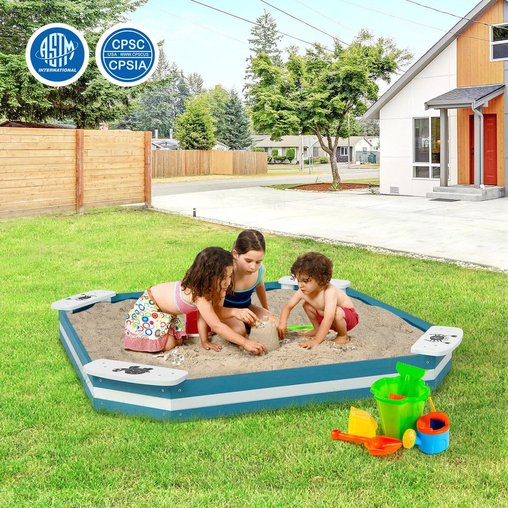 Outdoor solid wood sandbox featuring 4 built-in animal pattern seats, perfect for kids' play and safe use.