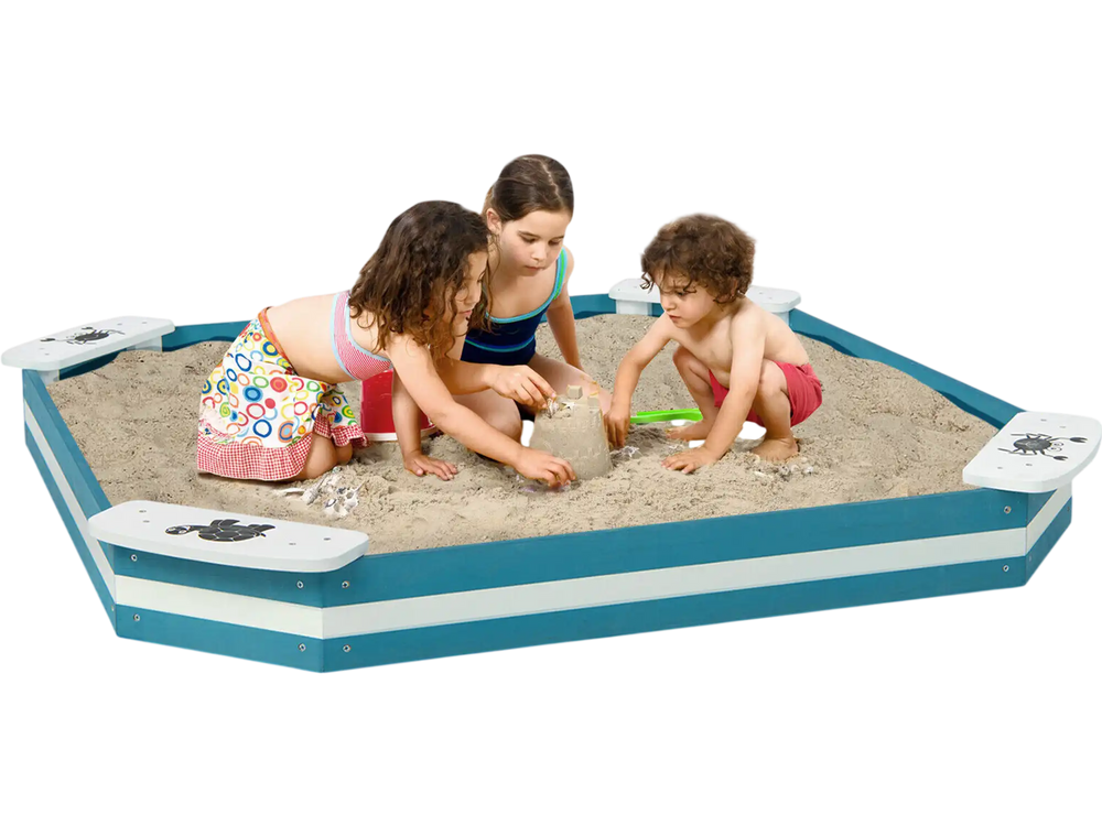 Outdoor Solid Wood Sandbox with 4 Built-in Animal Patterns Seats
