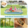 Outdoor solid wood sandbox made of natural cedar with 4 built-in seats for kids, perfect for playtime and gardening.