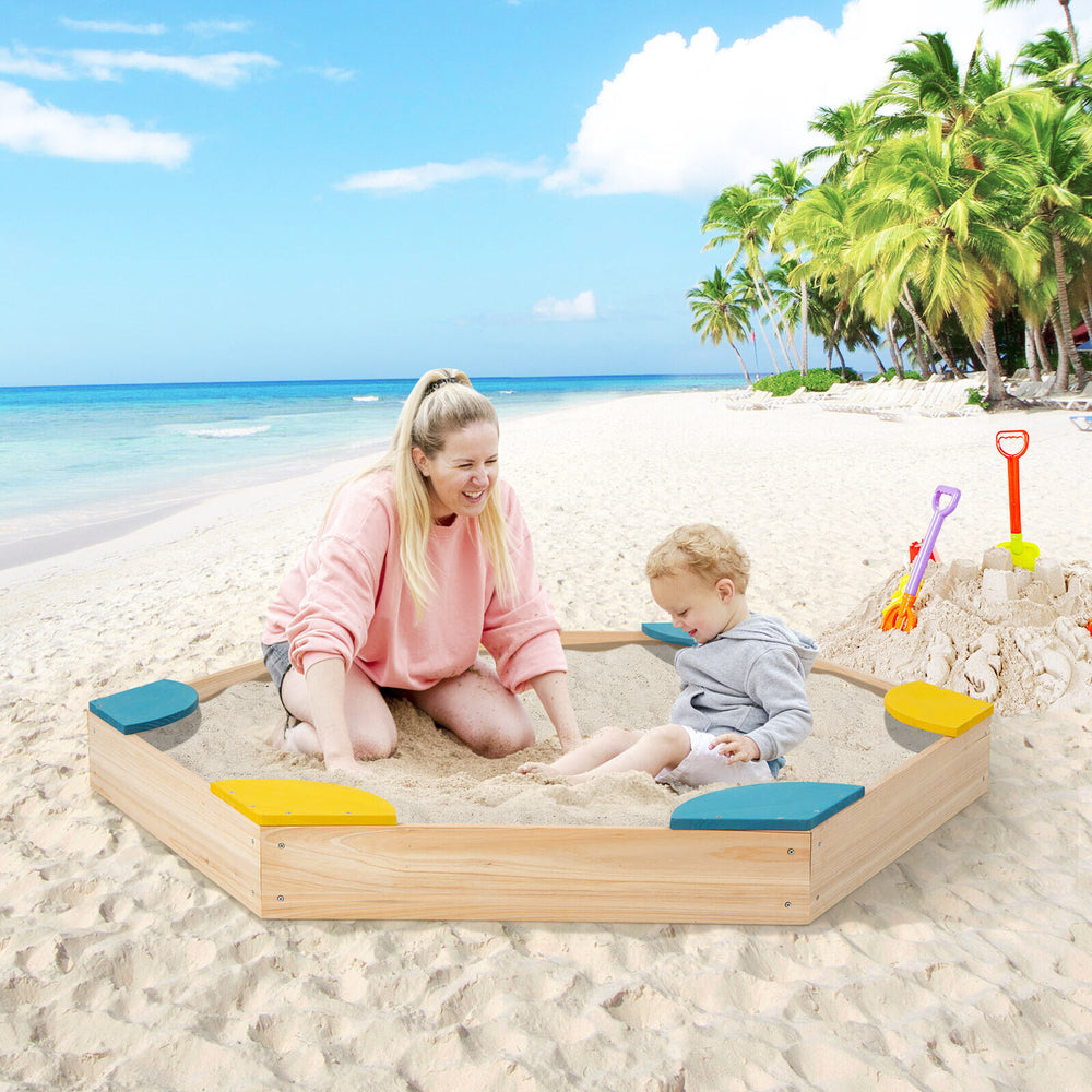 Outdoor solid wood sandbox with 6 built-in fan-shaped seats, perfect for kids to play and enjoy at the beach.