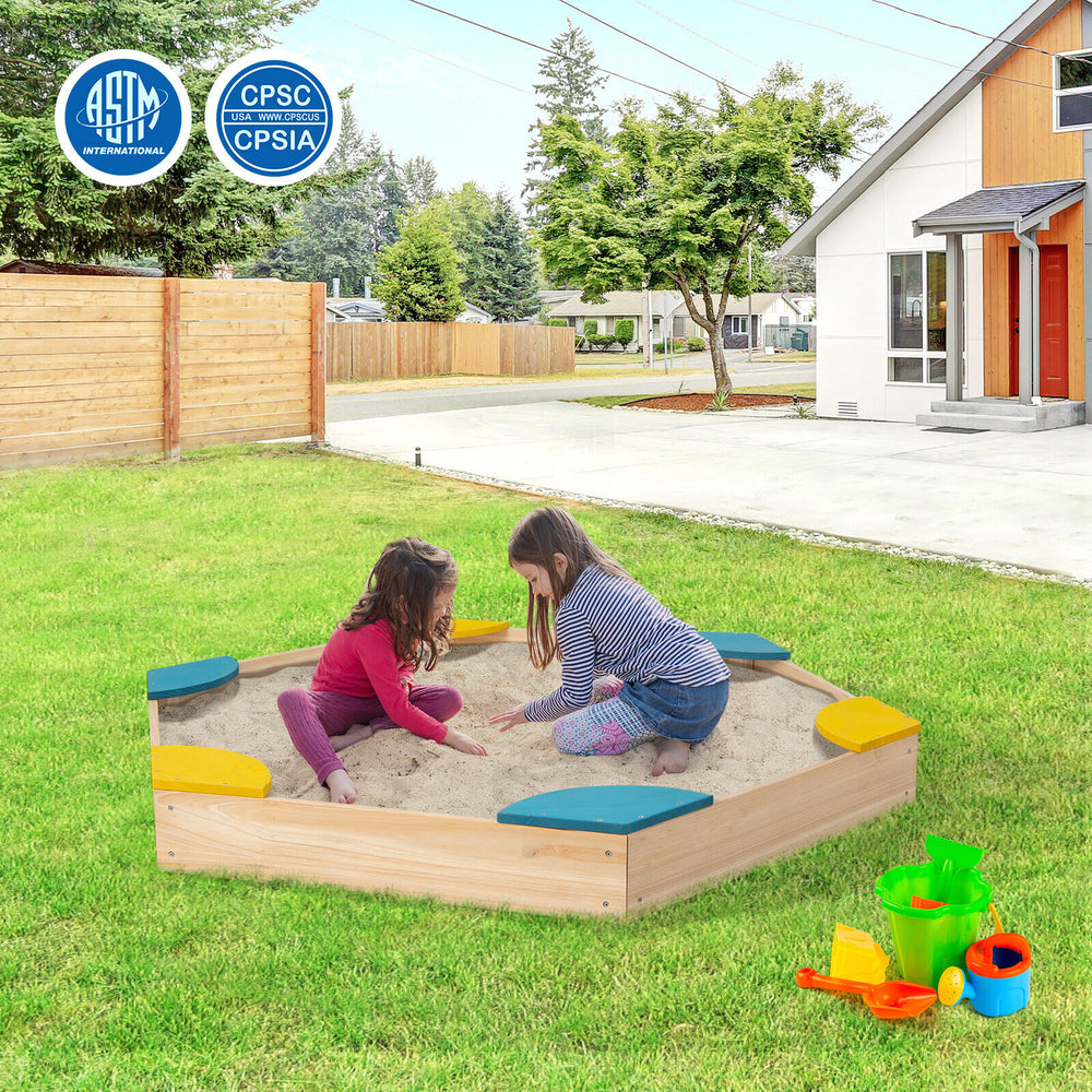 Outdoor solid wood sandbox with 6 built-in seats, designed for safe play and good drainage, perfect for kids aged 3+.