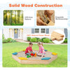 Outdoor solid wood sandbox made of natural cedar with 6 built-in fan-shaped seats for safe, fun playtime.