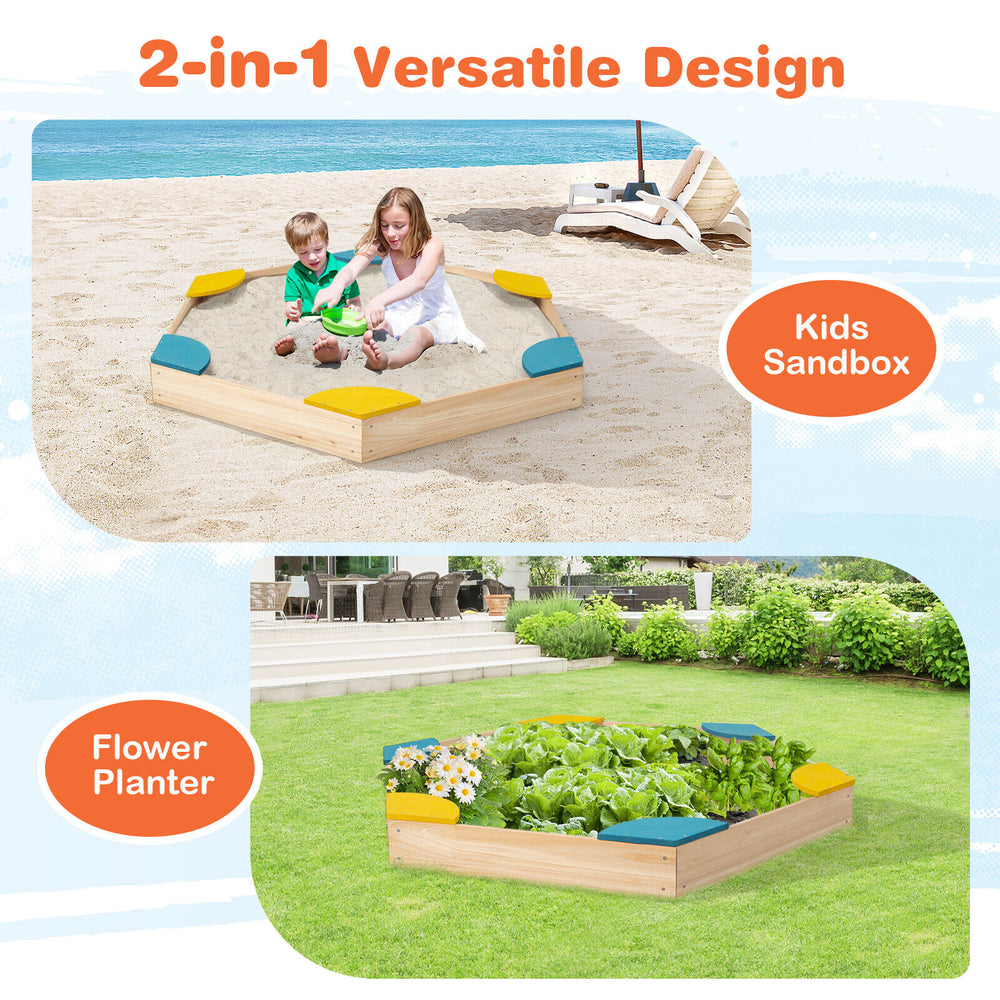 Outdoor solid wood sandbox with 6 built-in seats, versatile for kids' play or as a flower planter for gardening.