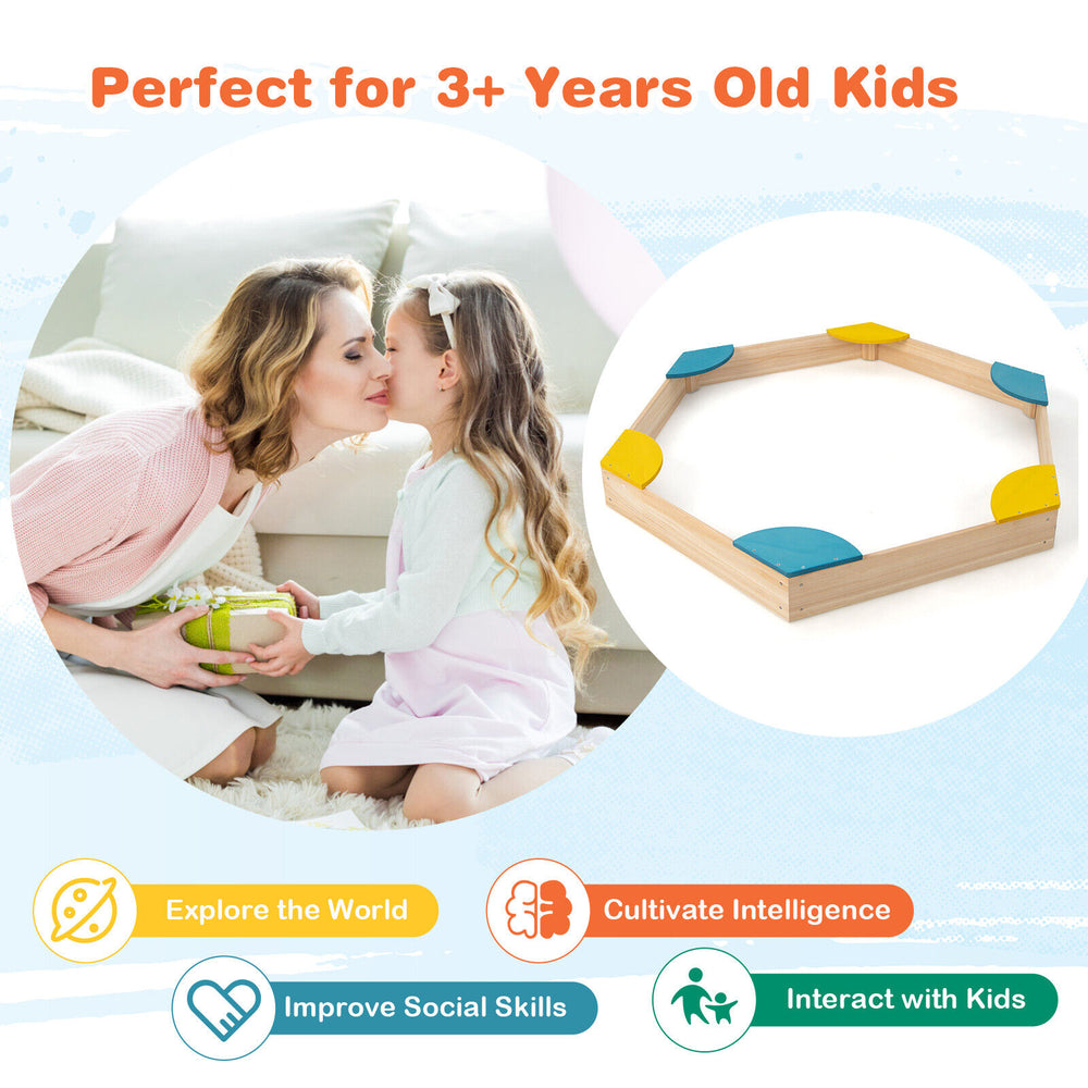 Outdoor solid wood sandbox with 6 built-in fan-shaped seats for kids aged 3+, perfect for safe play and interaction.