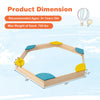 Hexagonal outdoor solid wood sandbox with 6 built-in fan-shaped seats, designed for kids aged 3+, 28 inches wide.