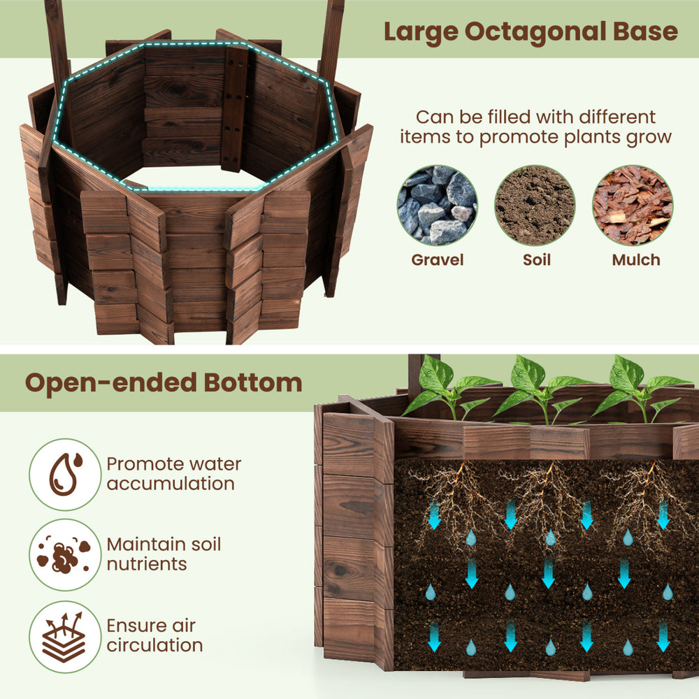 Outdoor wooden wishing well planter bucket with a rustic finish, featuring a large octagonal base for versatile.