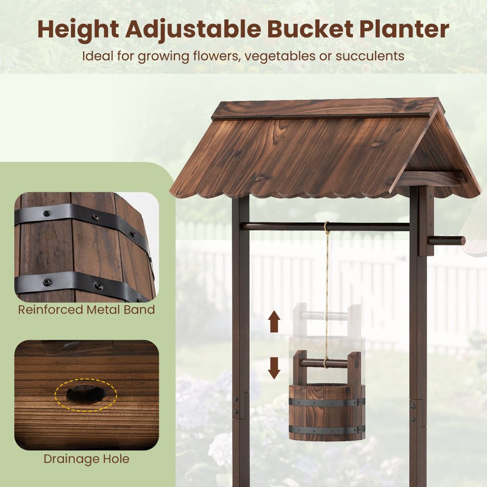 Height adjustable wooden wishing well planter bucket with rustic burnt-like finish, ideal for flowers or succulents.