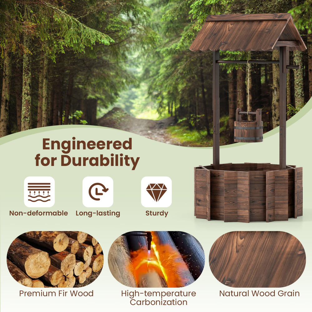 Outdoor wooden wishing well planter bucket made of durable Fir wood with a rustic finish, ideal for small plants.