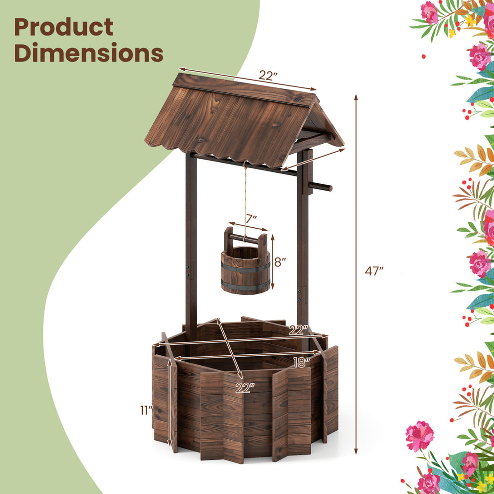 Outdoor wooden wishing well planter with burnt-like finish, dimensions 47" height, 22" width, ideal for planting.