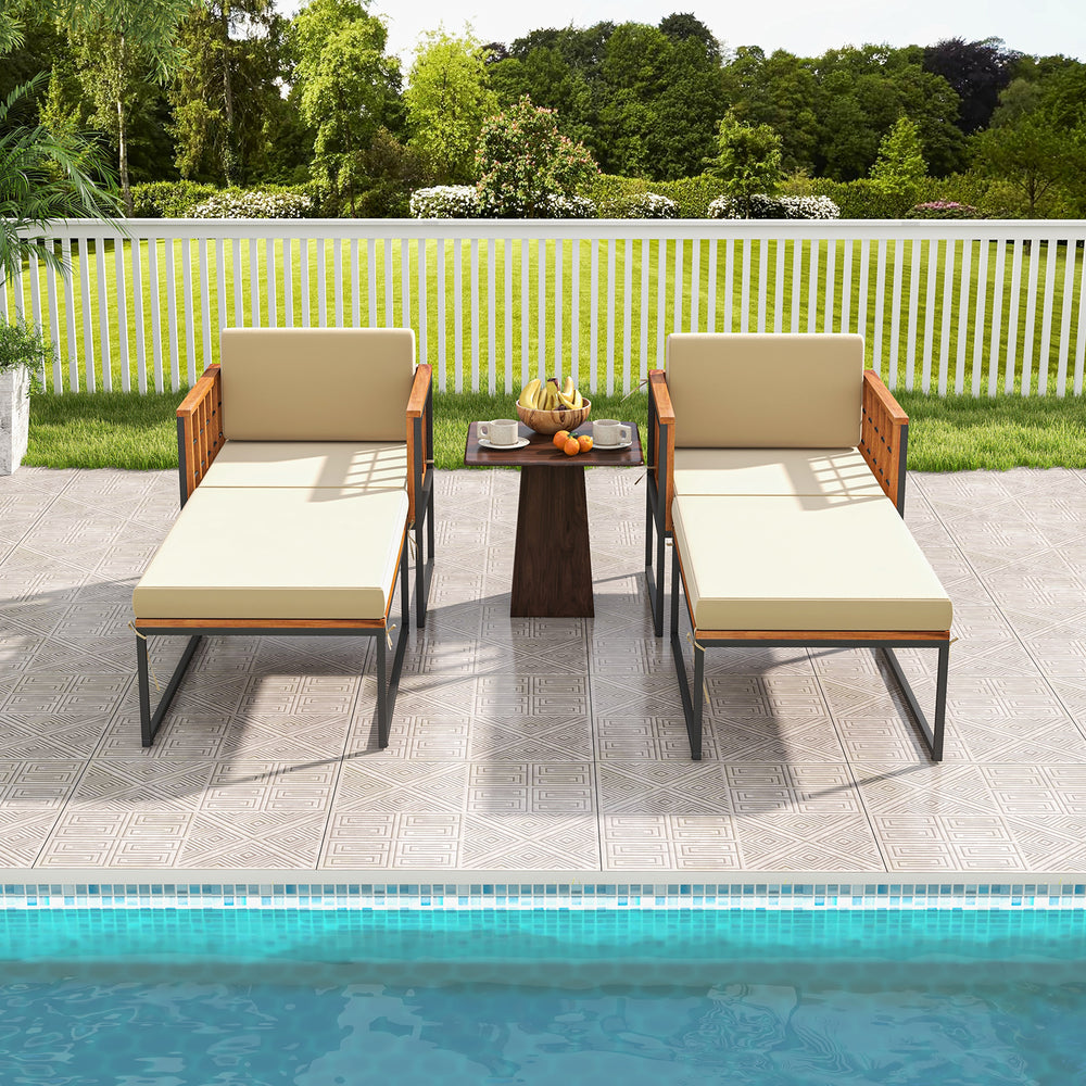 Patio acacia wood armchairs with cushions and ottoman, ideal for poolside relaxation and outdoor comfort.