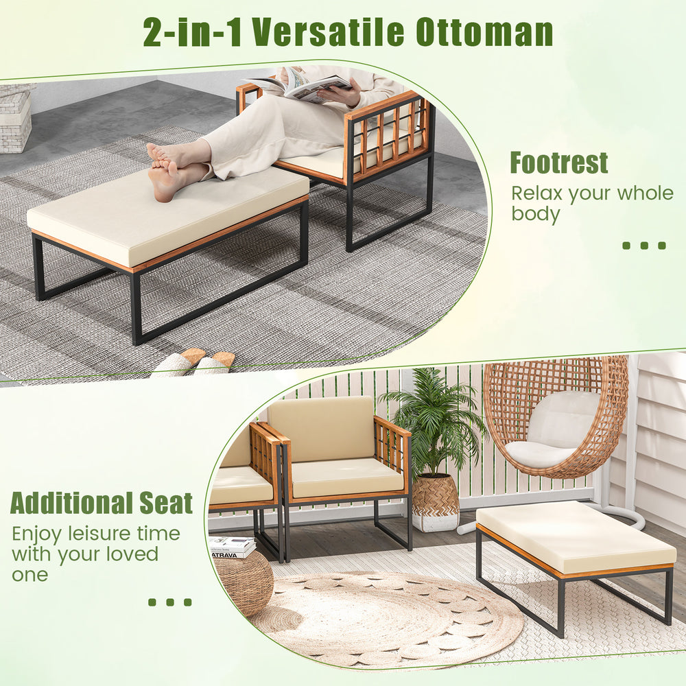 Versatile ottoman with acacia wood frame, serving as a footrest or additional seat for outdoor relaxation.