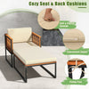 Patio acacia wood armchair with soft seat and back cushions, featuring a long ottoman, ideal for backyard relaxation.