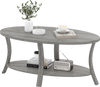 Oval coffee table in gray with a wide tabletop and open storage shelf, perfect for snacks and magazines.