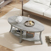 Oval coffee table in gray with a wide top and open storage shelf, perfect for snacks and magazines in any living space.
