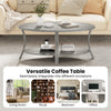 Oval gray coffee table with a 2-tier design, featuring an open storage shelf, perfect for living room or office use.