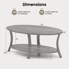 Oval coffee table with gray finish, featuring a wide tabletop and open storage shelf for versatile use and organization.