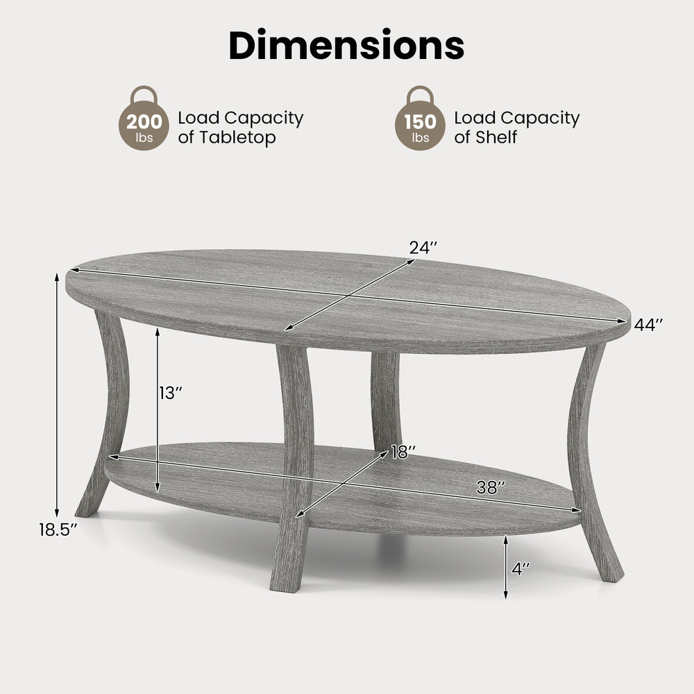 Oval coffee table with gray finish, featuring a wide tabletop and open storage shelf for versatile use and organization.