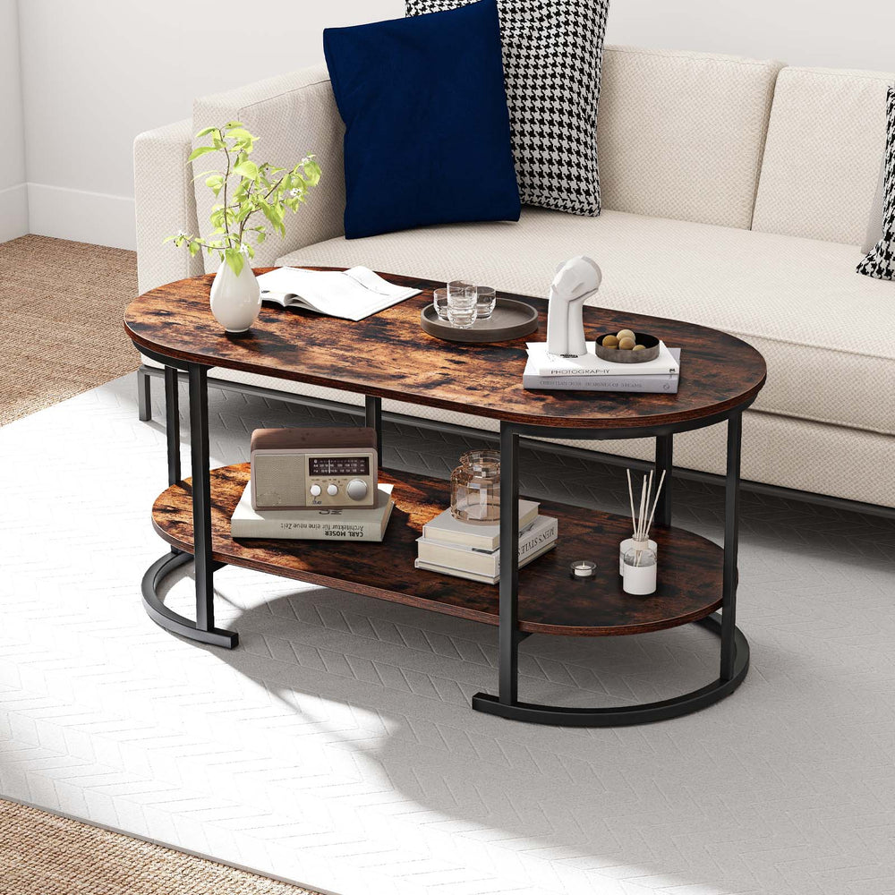 Oval Coffee Table 2-Tier Wooden Accent Table with Spacious Tabletop and Open Storage Shelf-Rustic Brown - Gallery View 1 of 10