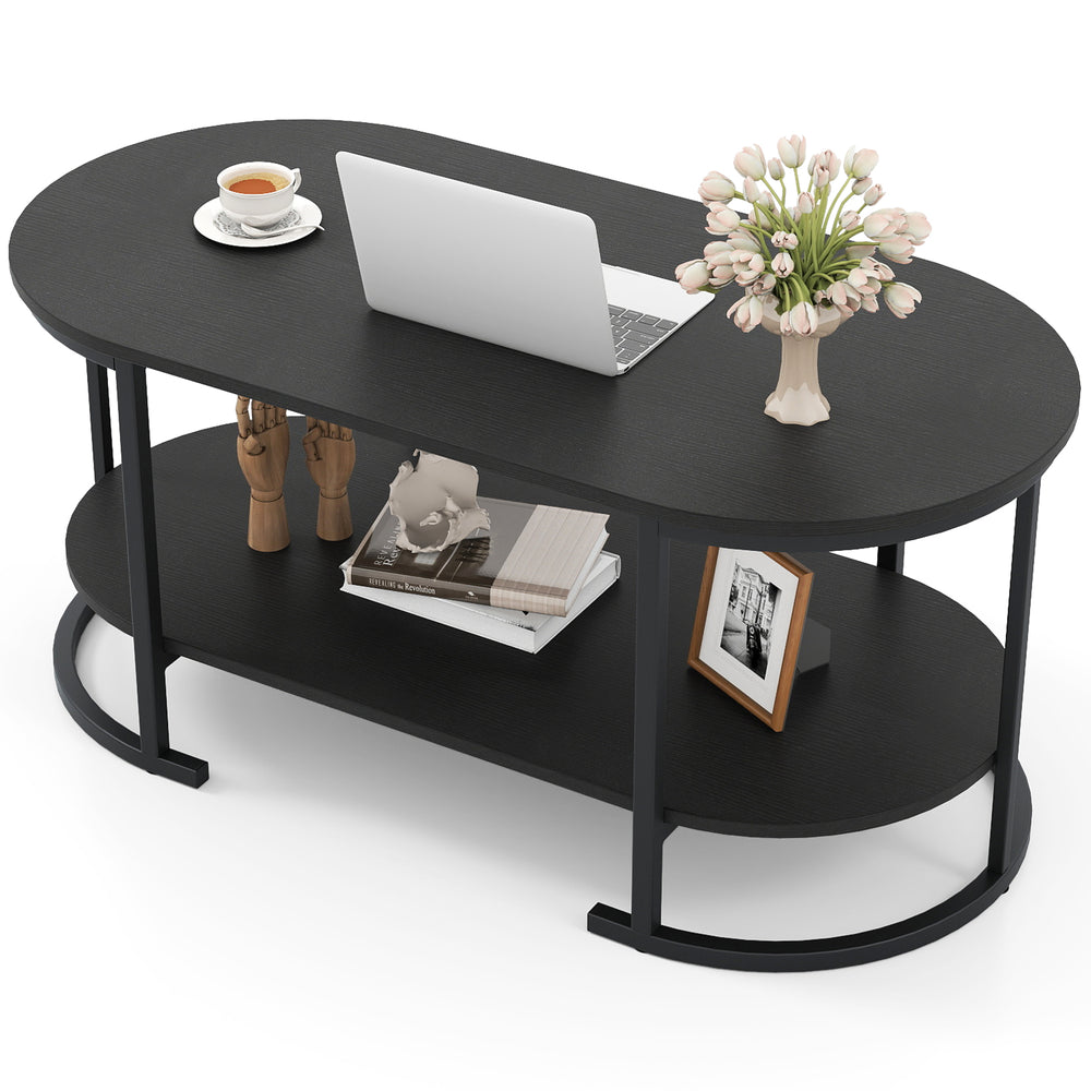 Oval black coffee table with 2-tier storage shelf, spacious tabletop, and durable metal frame for versatile use.