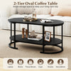 Oval 2-tier coffee table in black with spacious storage shelf, perfect for books and laptops in your living room.