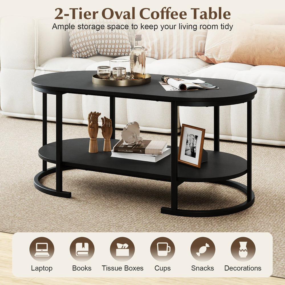 Oval 2-tier coffee table in black with spacious storage shelf, perfect for books and laptops in your living room.